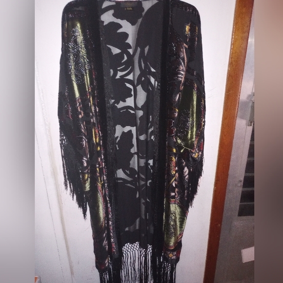 Aris A  Fringe Velvet Burnout Open Cardigan Multicolor One Size - Picture 1 of 8